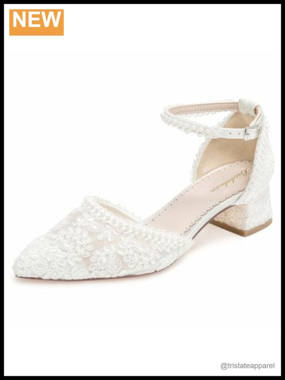 Bridaluxe Women's Lace Pearl Ankle Strap Low Block Heel Wedding Pumps